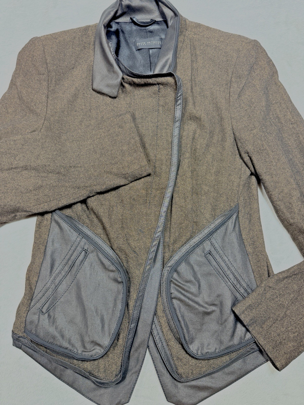 Beate Heymann Street Couture Wool Blend Asymmetric Jacket Coat Brown Gray US 6